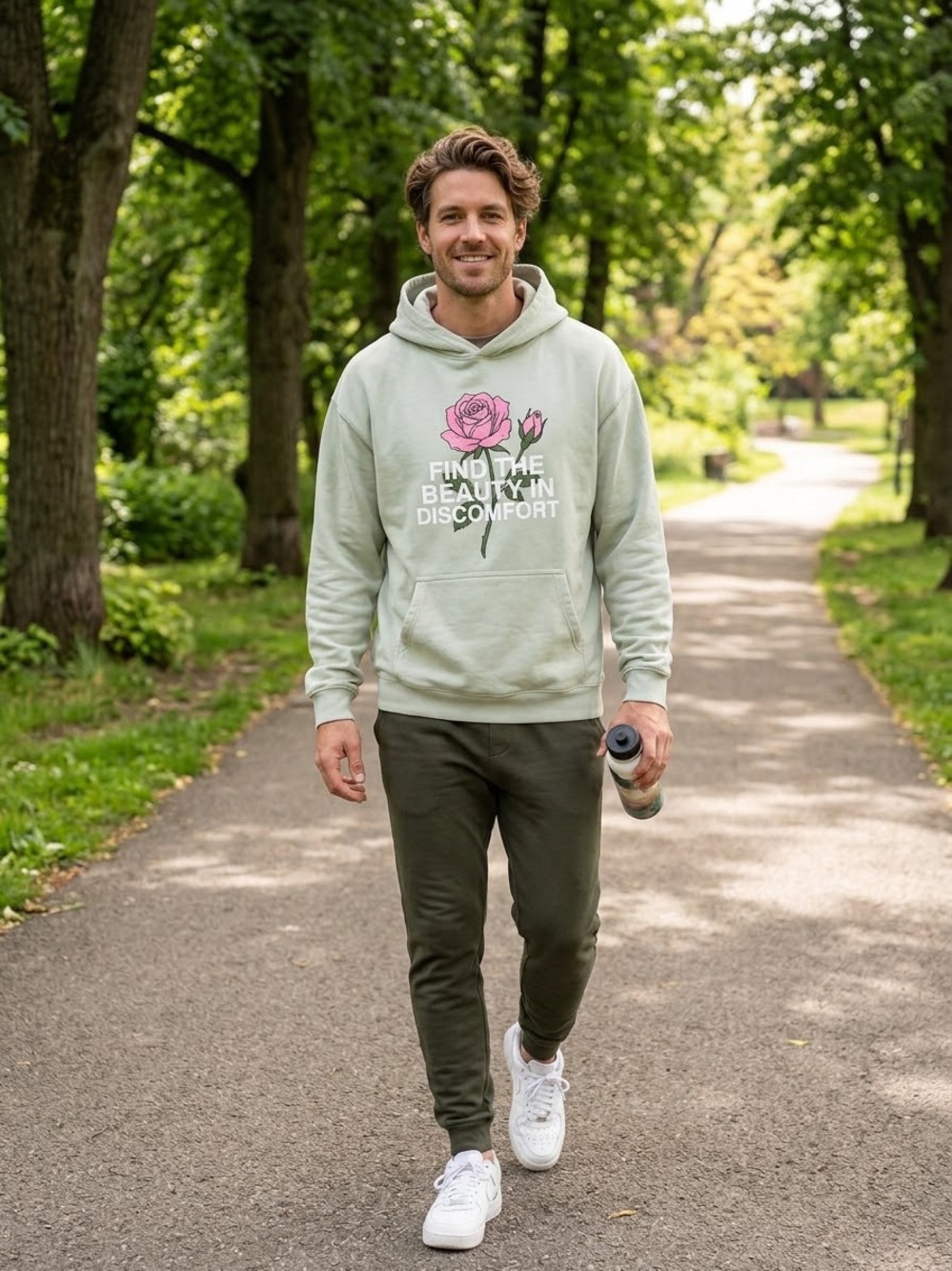 100% Organic Cotton Men's Light Sage Floral Graphic Hoodie Sweatshirt